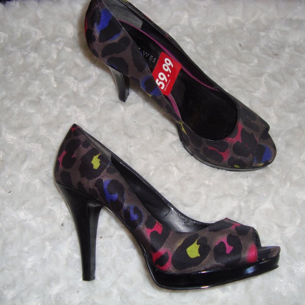 NWT Nine West Women’s Multicolor Animal Print High Heel Shoes Open Toe sz 5